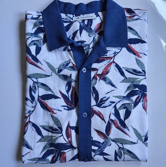 Cubavera Button-Front Watercolor Leaf Print Camp Shirt - Picture 3 of 9